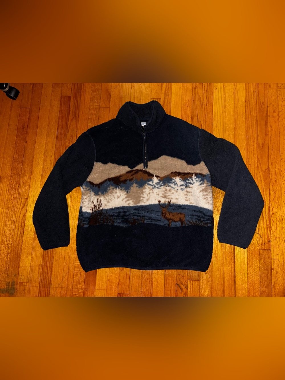 Old Navy Navy Fleece 1/4 Zip Mock Neck Pullover Deer Graphic Mens XL
